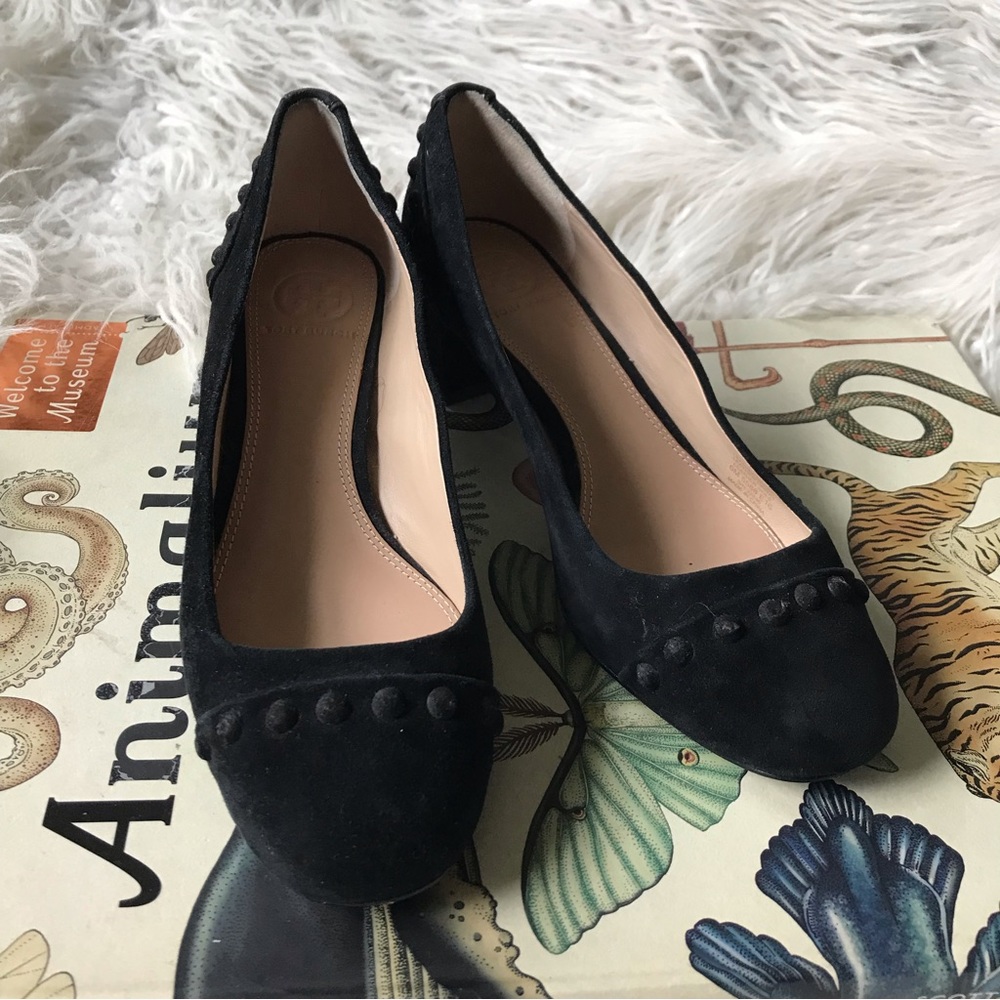 Tory Burch Black Suede Round-Toe Heels with Button Trim